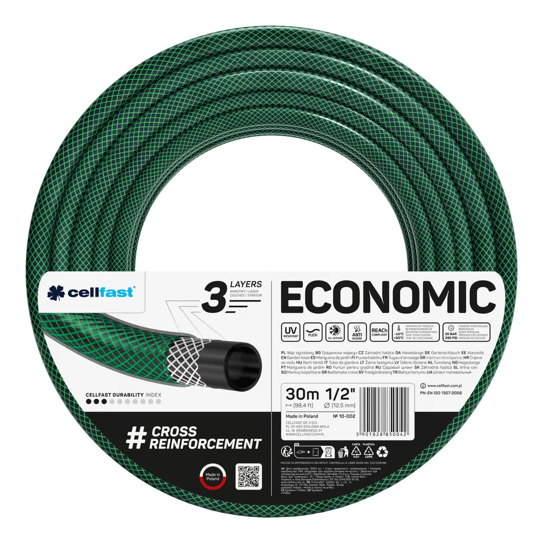 Cellfast Economic 1/2" 30 m-es kerti tömlő + szürke Cellfast tömlőtartó + Cellfast Basic 1/2" egyenes öntözőfejjel ellátott szett