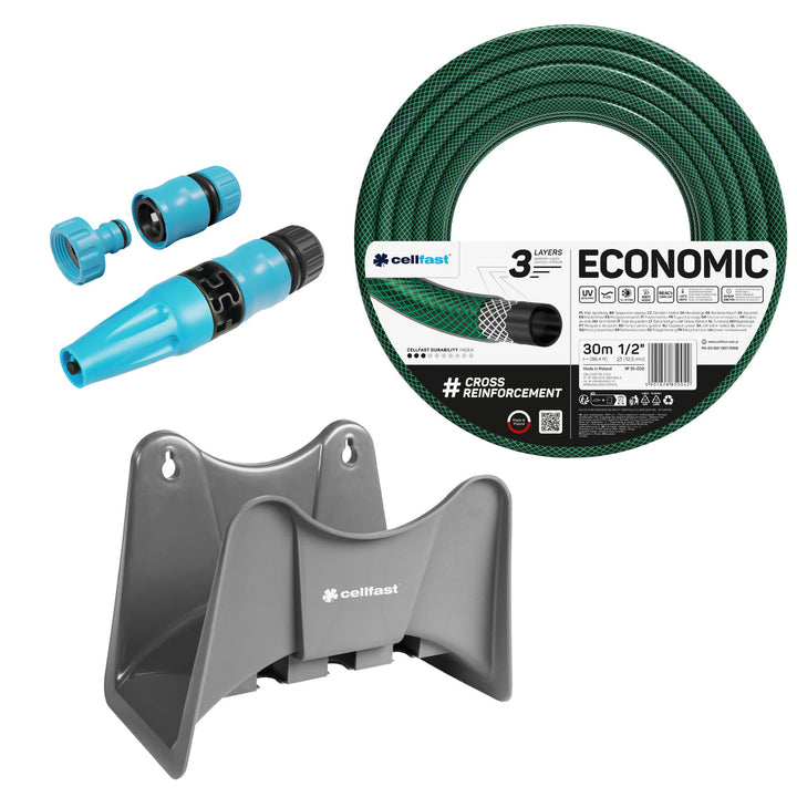 Cellfast Economic 1/2" 30 m-es kerti tömlő + szürke Cellfast tömlőtartó + Cellfast Basic 1/2" egyenes öntözőfejjel ellátott szett
