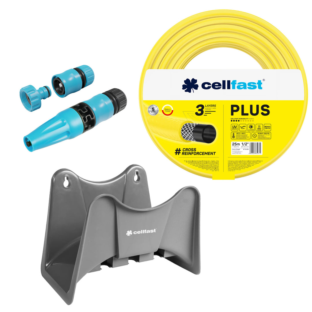 Cellfast Plus 1/2" 25 m-es kerti tömlő + szürke Cellfast tömlőtartó + Cellfast Basic 1/2" egyenes öntözőfejjel ellátott szett