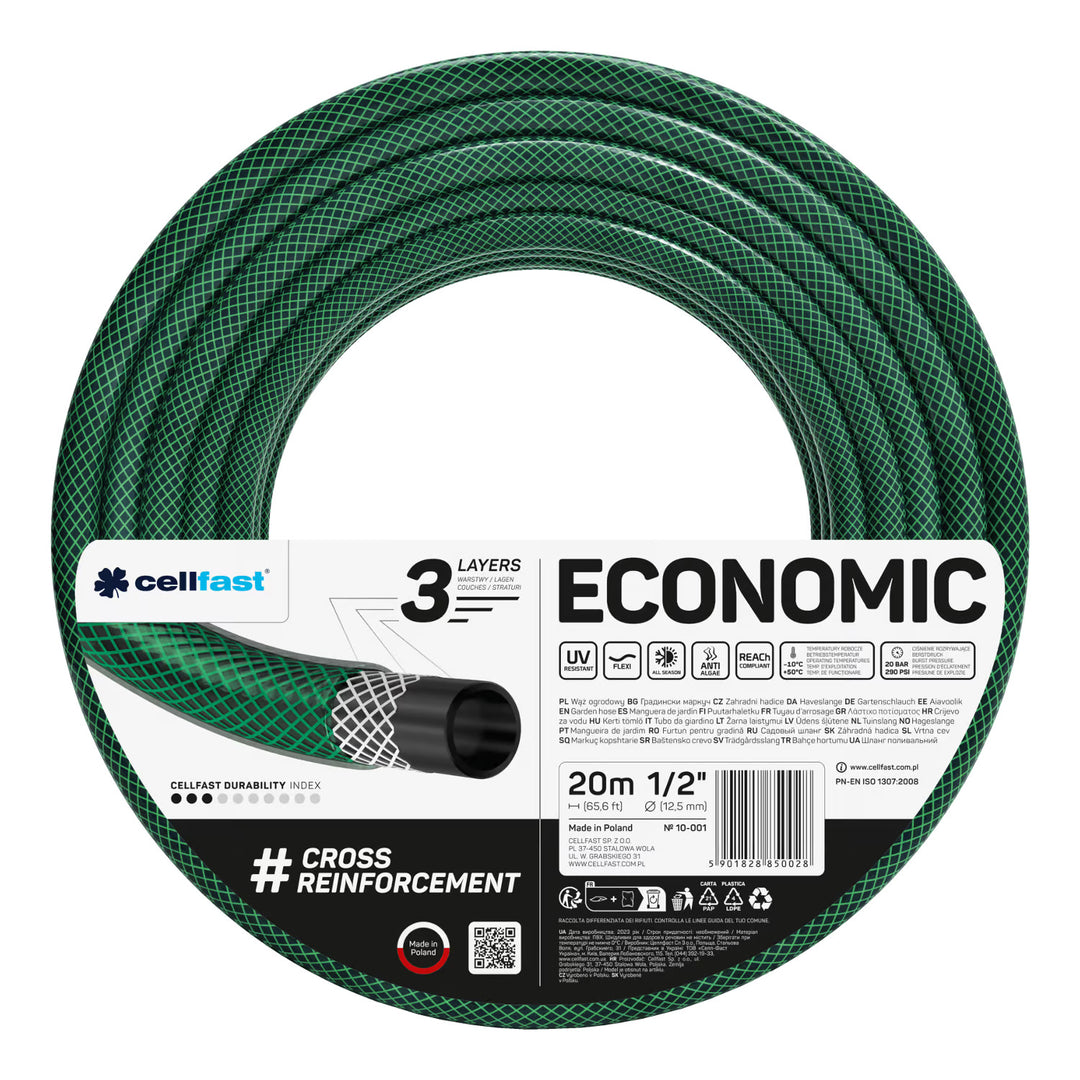 Cellfast Economic 1/2" 20 m-es kerti tömlő + szürke Cellfast tömlőtartó + Cellfast Basic 1/2" egyenes öntözőfejjel ellátott szett