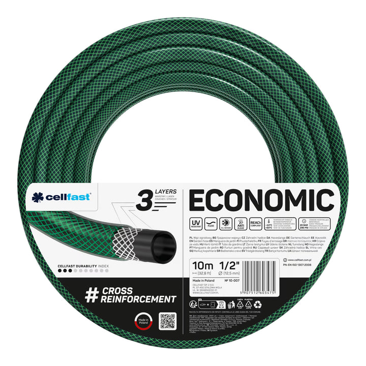 Cellfast Economic 1/2" 10 m-es kerti tömlő + szürke Cellfast tömlőtartó + Cellfast Basic 1/2" egyenes öntözőfejjel ellátott szett