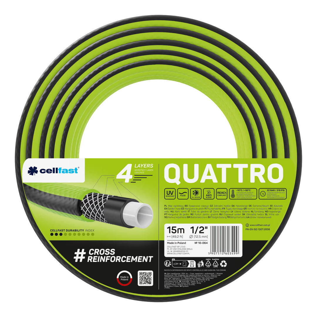 Cellfast Quattro 1/2" 15 m-es kerti tömlő + szürke Cellfast tömlőtartó + Cellfast Basic 1/2" egyenes öntözőfejjel ellátott szett