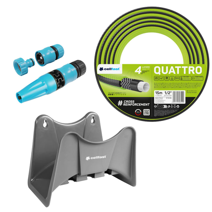 Cellfast Quattro 1/2" 15 m-es kerti tömlő + szürke Cellfast tömlőtartó + Cellfast Basic 1/2" egyenes öntözőfejjel ellátott szett