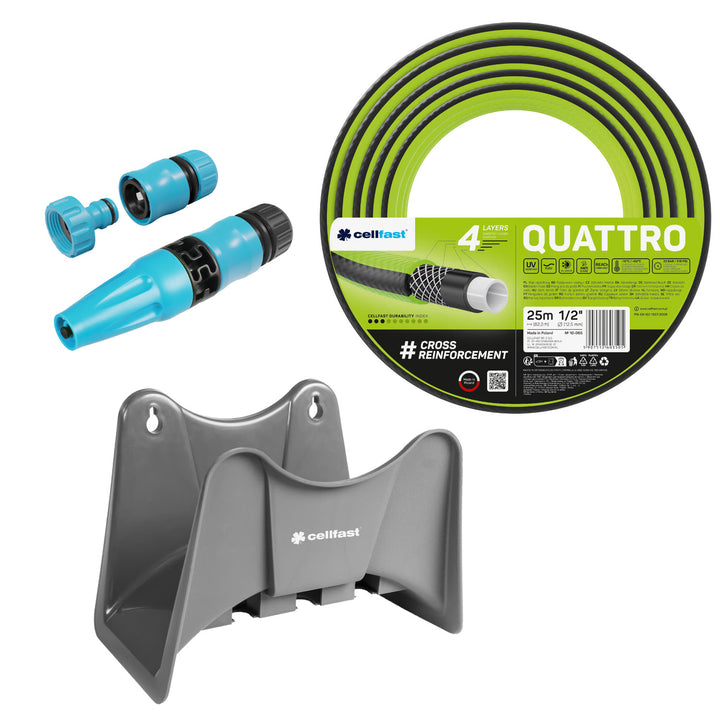 Cellfast Quattro 1/2" 25 m-es kerti tömlő + szürke Cellfast tömlőtartó + Cellfast Basic 1/2" egyenes öntözőfejjel ellátott szett