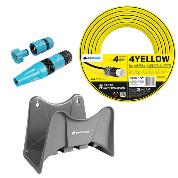 Cellfast 4YELLOW kerti tömlő 1/2" 30 m + Cellfast szürke tömlőtartó + Cellfast Basic 1/2" egyenes öntözőfejjel ellátott szett