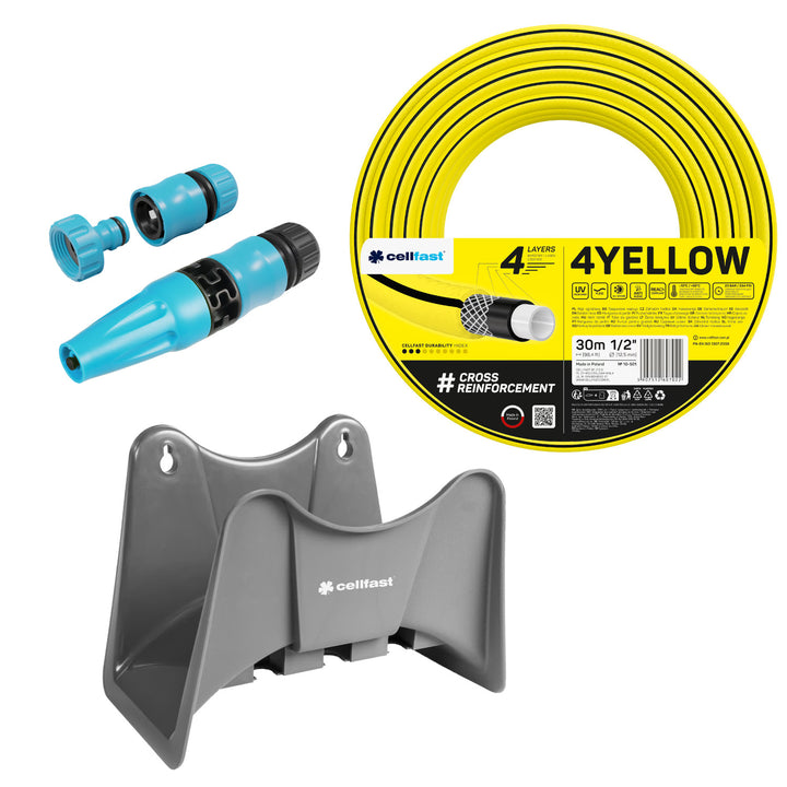 Cellfast 4YELLOW kerti tömlő 1/2" 30 m + Cellfast szürke tömlőtartó + Cellfast Basic 1/2" egyenes öntözőfejjel ellátott szett