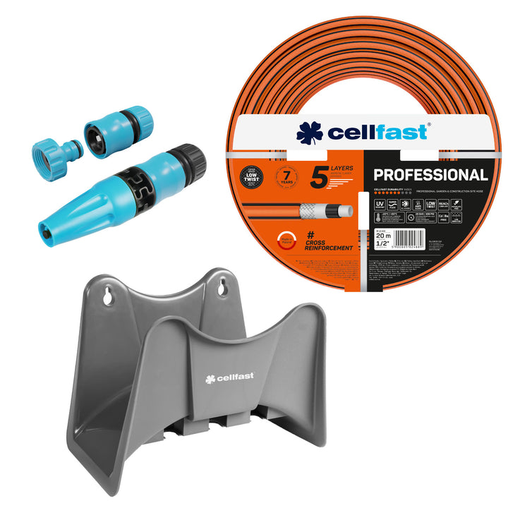 Cellfast kerti tömlő, PROFESSIONAL 1/2" 20 m + Cellfast szürke tömlőtartó + Cellfast Basic 1/2" egyenes öntözőfejjel ellátott szett