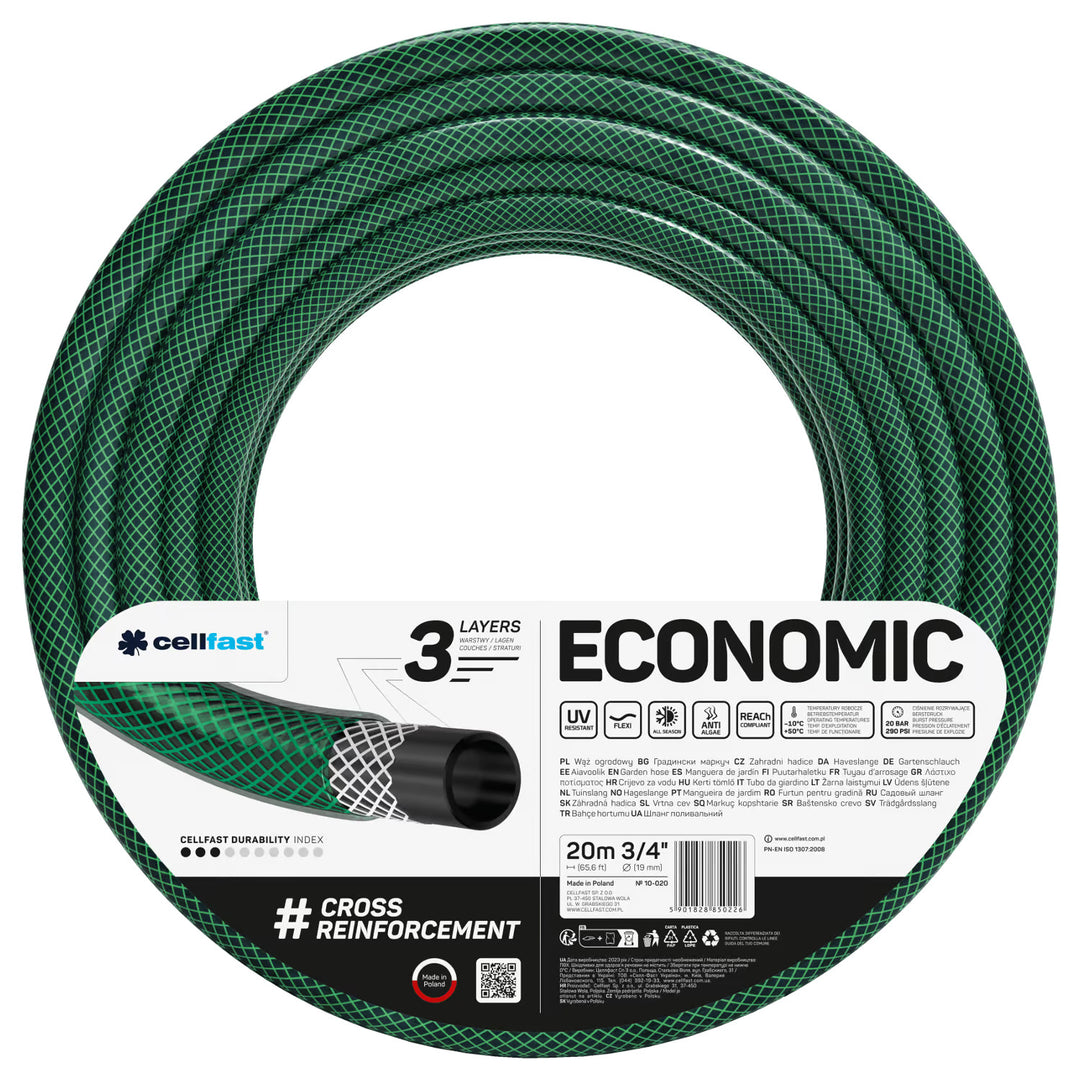 Cellfast Economic 3/4" 20 m-es kerti tömlő + egyenes öntözőfej + 3/4"-es belső menetes csatlakozó + 3/4"-es átmenő és elzáró gyorscsatlakozó