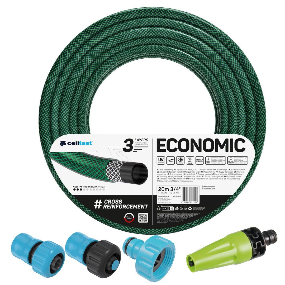 Cellfast Economic 3/4" 20 m-es kerti tömlő + egyenes öntözőfej + 3/4"-es belső menetes csatlakozó + 3/4"-es átmenő és elzáró gyorscsatlakozó