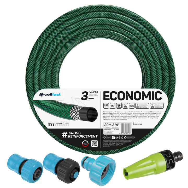 Cellfast Economic 3/4" 20 m-es kerti tömlő + egyenes öntözőfej + 3/4"-es belső menetes csatlakozó + 3/4"-es átmenő és elzáró gyorscsatlakozó
