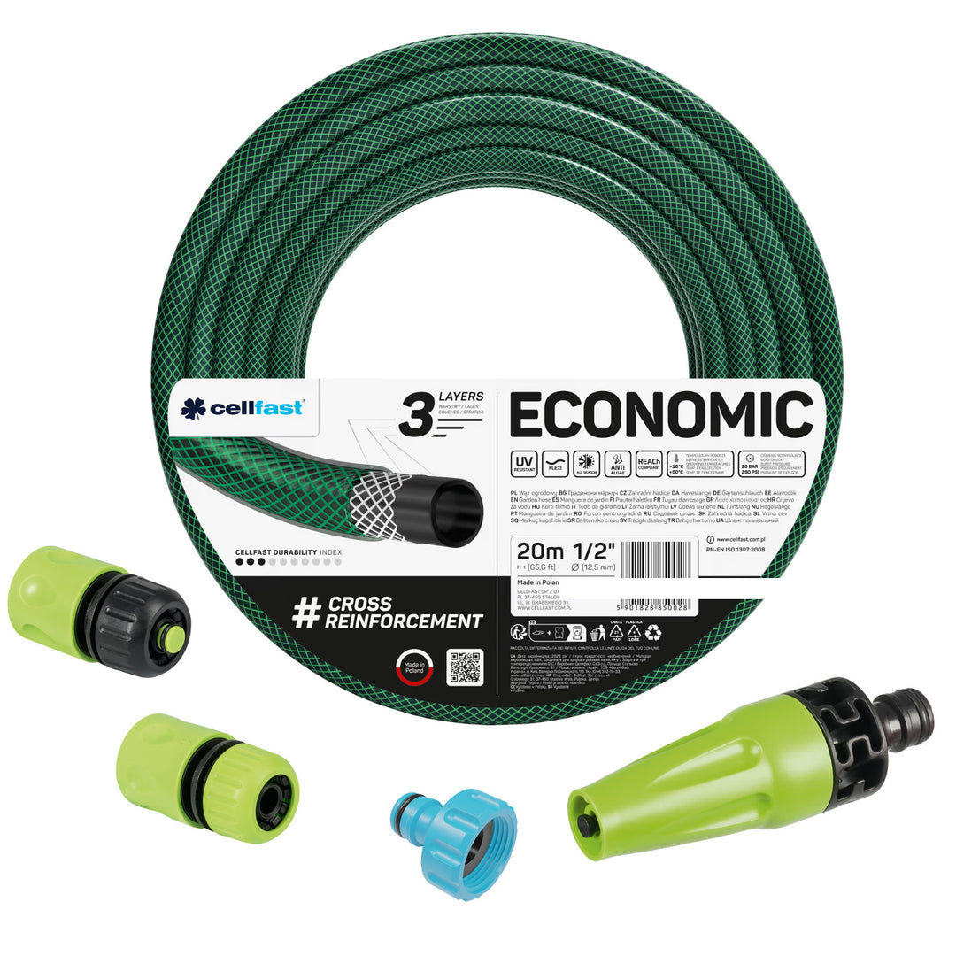 Cellfast Economic 1/2" 20 m-es kerti tömlő + egyenes öntözőfej + 3/4" belső menetes csatlakozó + 1/2" átmenő és záró gyorscsatlakozó