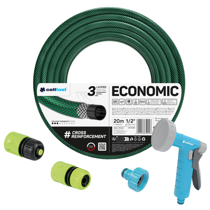 Cellfast Economic 1/2" 20 m-es kerti tömlő + pisztolyos permetezőfej + 3/4" belső menetes csatlakozó + 1/2" átmenő és záró gyorscsatlakozó