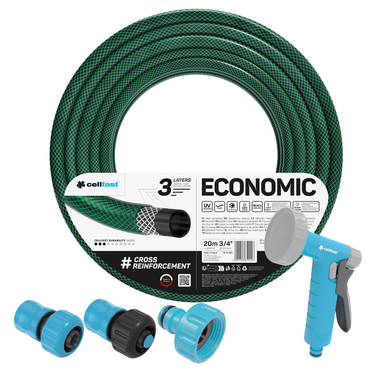 Cellfast Economic 3/4" 20 m-es kerti tömlő + pisztolyos permetezőfej + 3/4"-es belső menetes csatlakozó + 3/4"-es átmenő és elzáró gyorscsatlakozó