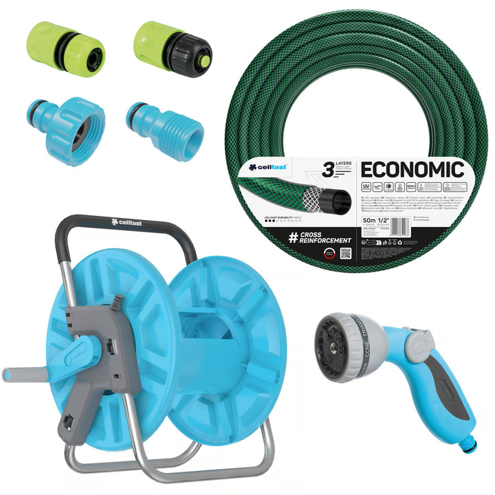 Economic 1/2" 50 m-es kerti tömlő + állvány, 3/4" belső menetes csatlakozó, 1/2" külső menetes csatlakozó, 1/2" átmenő és stop gyorscsatlakozó + 8 funkciójú Cellfast Mix Ideal pisztolyos öntözőfej
