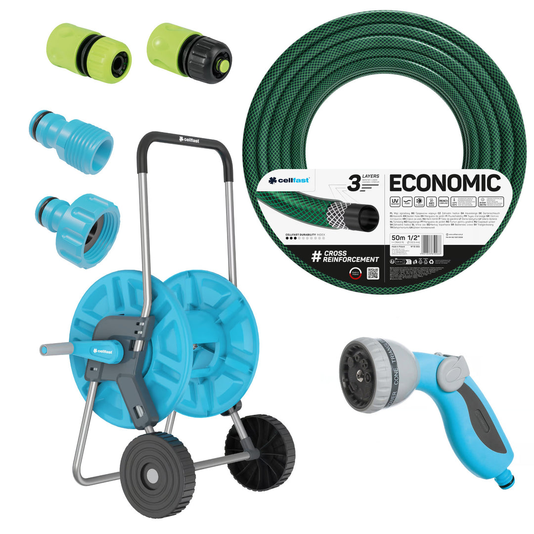 Economic 1/2" 50 m-es kerti tömlő + kocsi, 3/4" belső menetes csatlakozó, 1/2" külső menetes csatlakozóval, 1/2" átmenő és stop gyorscsatlakozóval + 8 funkciójú Cellfast Mix Ideal pisztolyszóró