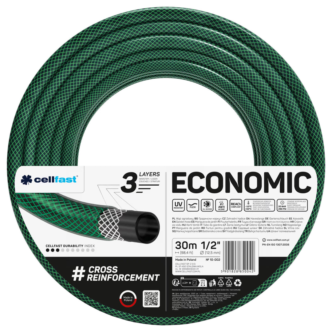 Cellfast Economic 1/2" 30 m-es kerti tömlő + állvány, 3/4" belső menetes csatlakozó, 1/2" átmenő és stop gyorscsatlakozó + Cellfast Economic egyenes öntözőfej