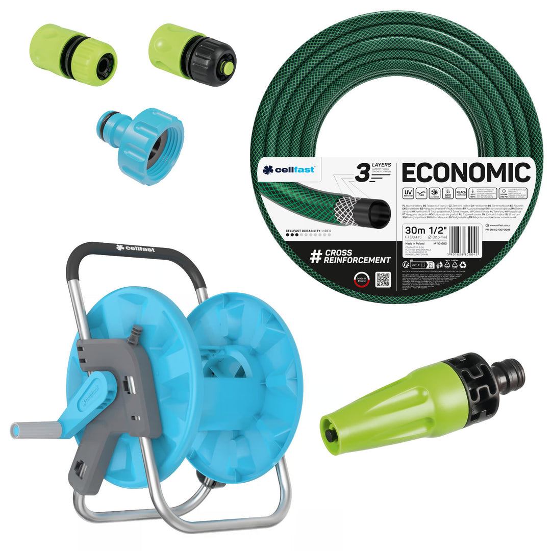 Cellfast Economic 1/2" 30 m-es kerti tömlő + állvány, 3/4" belső menetes csatlakozó, 1/2" átmenő és stop gyorscsatlakozó + Cellfast Economic egyenes öntözőfej