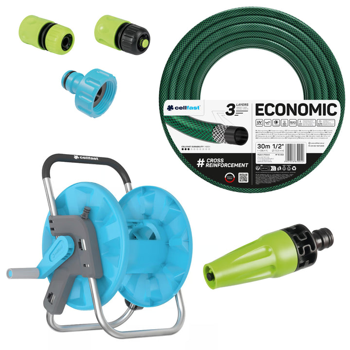 Cellfast Economic 1/2" 30 m-es kerti tömlő + állvány, 3/4" belső menetes csatlakozó, 1/2" átmenő és stop gyorscsatlakozó + Cellfast Economic egyenes öntözőfej
