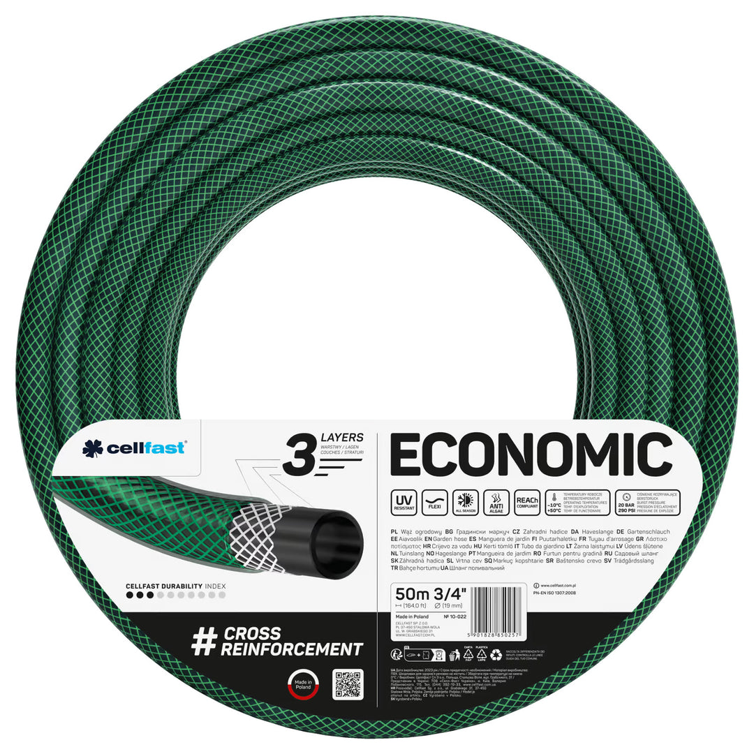 Cellfast Economic 3/4" 50 m-es kerti tömlő + 3/4"-es gyorscsatlakozó és átmenőcsatlakozó + 3/4"-es belső menetes csatlakozó + forgószóró + pisztolyszóró