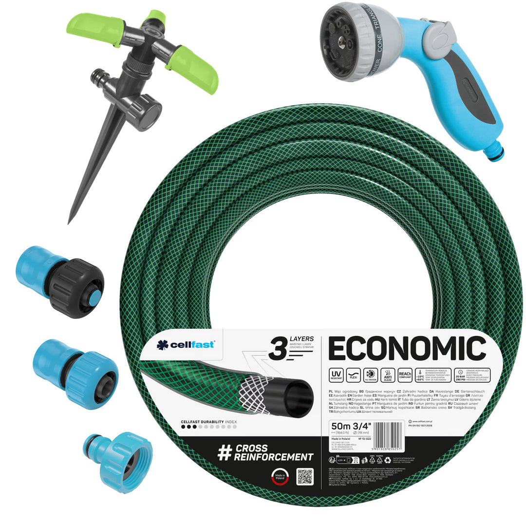 Cellfast Economic 3/4" 50 m-es kerti tömlő + 3/4"-es gyorscsatlakozó és átmenőcsatlakozó + 3/4"-es belső menetes csatlakozó + forgószóró + pisztolyszóró