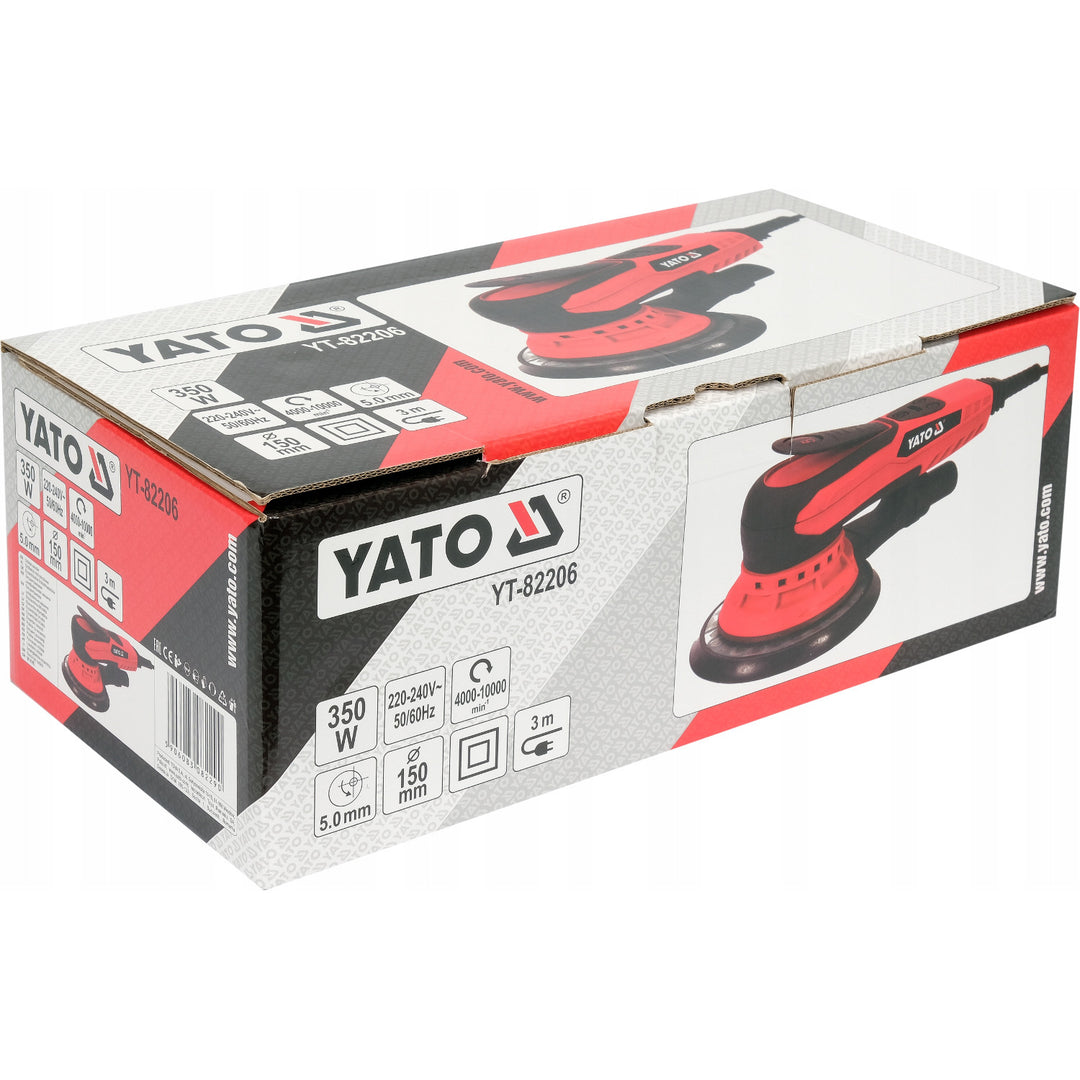 Yato excentercsiszoló, 150 mm, 350 W teljesítmény, 4000–10 000 fordulat/perc, 3 m-es kábelhossz, porelszívó csatlakoztatási lehetőség, YT-82206