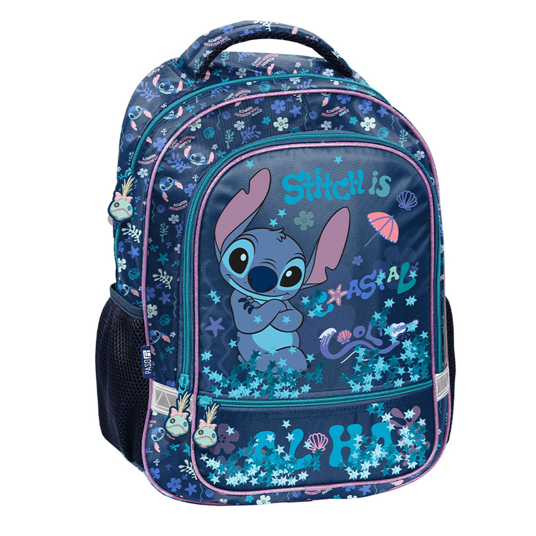 Stitch Paso iskolai szett, kétrekeszes hátizsák, fényvisszaverő elemekkel és merevített háttámlával, tolltartó tartalmatlanul, tolltartó-rögzítőkkel, hátra akasztható cipőzsák, DS26XX
