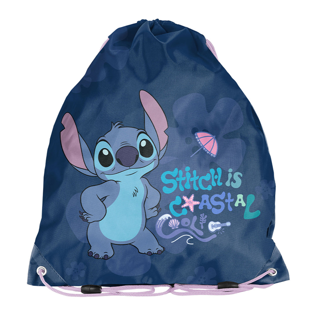 Stitch Paso iskolai szett, kétrekeszes hátizsák, fényvisszaverő elemekkel és merevített háttámlával, tolltartó tartalmatlanul, tolltartó-rögzítőkkel, hátra akasztható cipőzsák, DS26XX