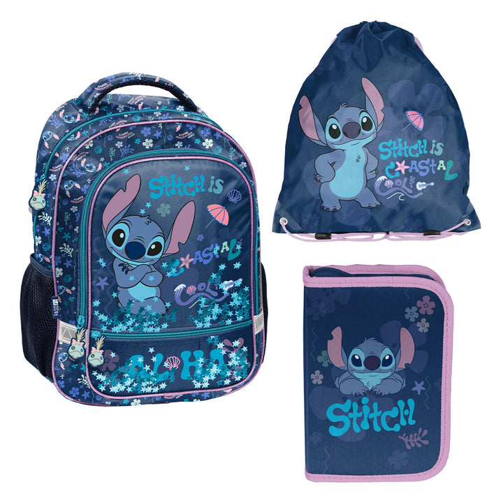 Stitch Paso iskolai szett, kétrekeszes hátizsák, fényvisszaverő elemekkel és merevített háttámlával, tolltartó tartalmatlanul, tolltartó-rögzítőkkel, hátra akasztható cipőzsák, DS26XX