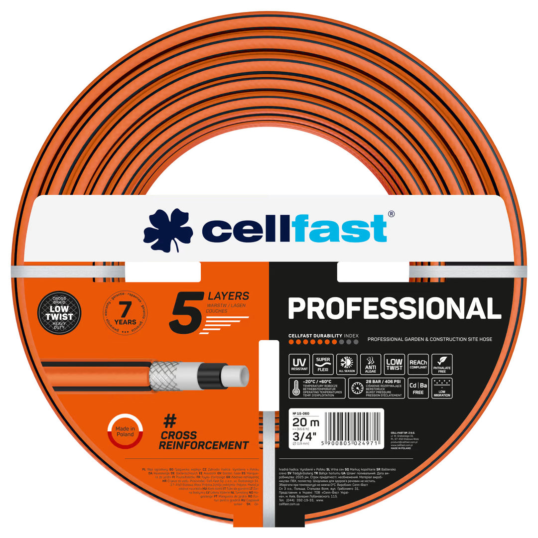 Cellfast Professional kerti tömlő, 3/4 hüvelyk átmérőjű, 20 m hosszú, 5 rétegű