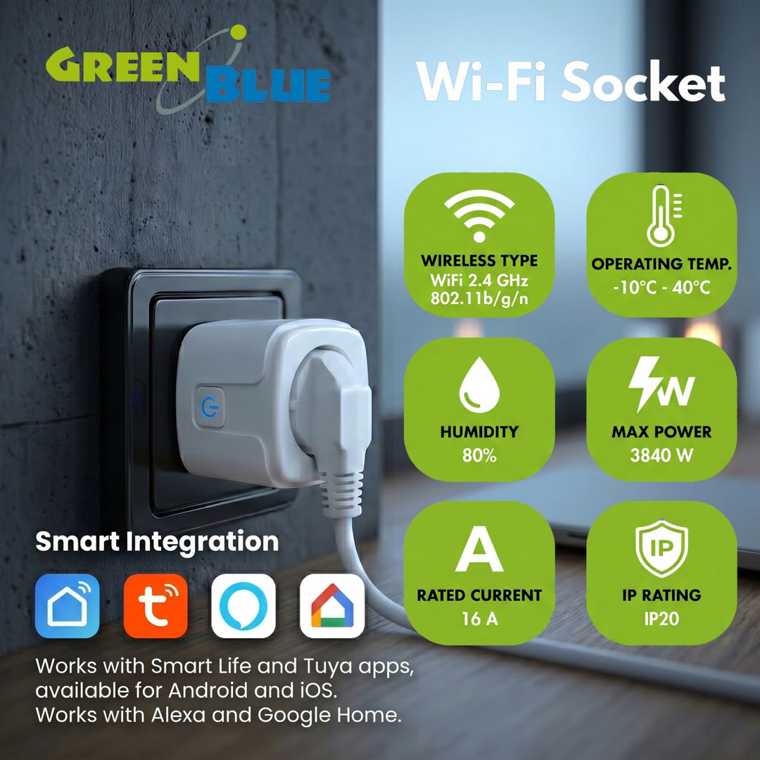 GreenBlue távvezérelt WiFi-csatlakozó, Android/iOS/Alexa/Google Home, időzítő, fogyasztásmérő, max. 16 A/3840 W, GB735 W, 2 darab