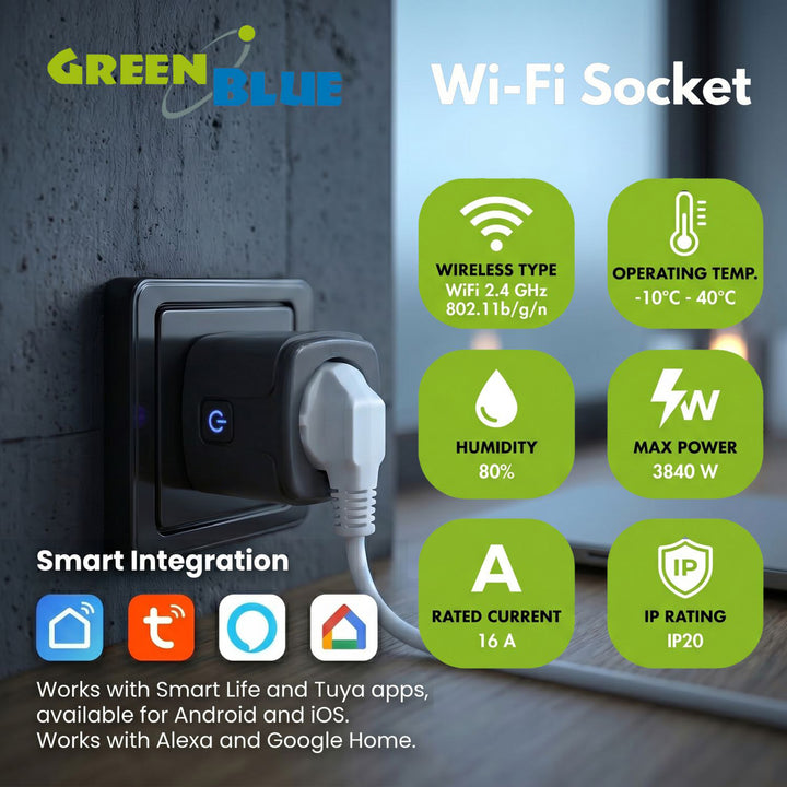 GreenBlue távvezérelt WiFi-csatlakozó, Android/iOS/Alexa/Google Home, időzítő, fogyasztásmérő, max. 16 A/3840 W, GB735 B, 2 darab