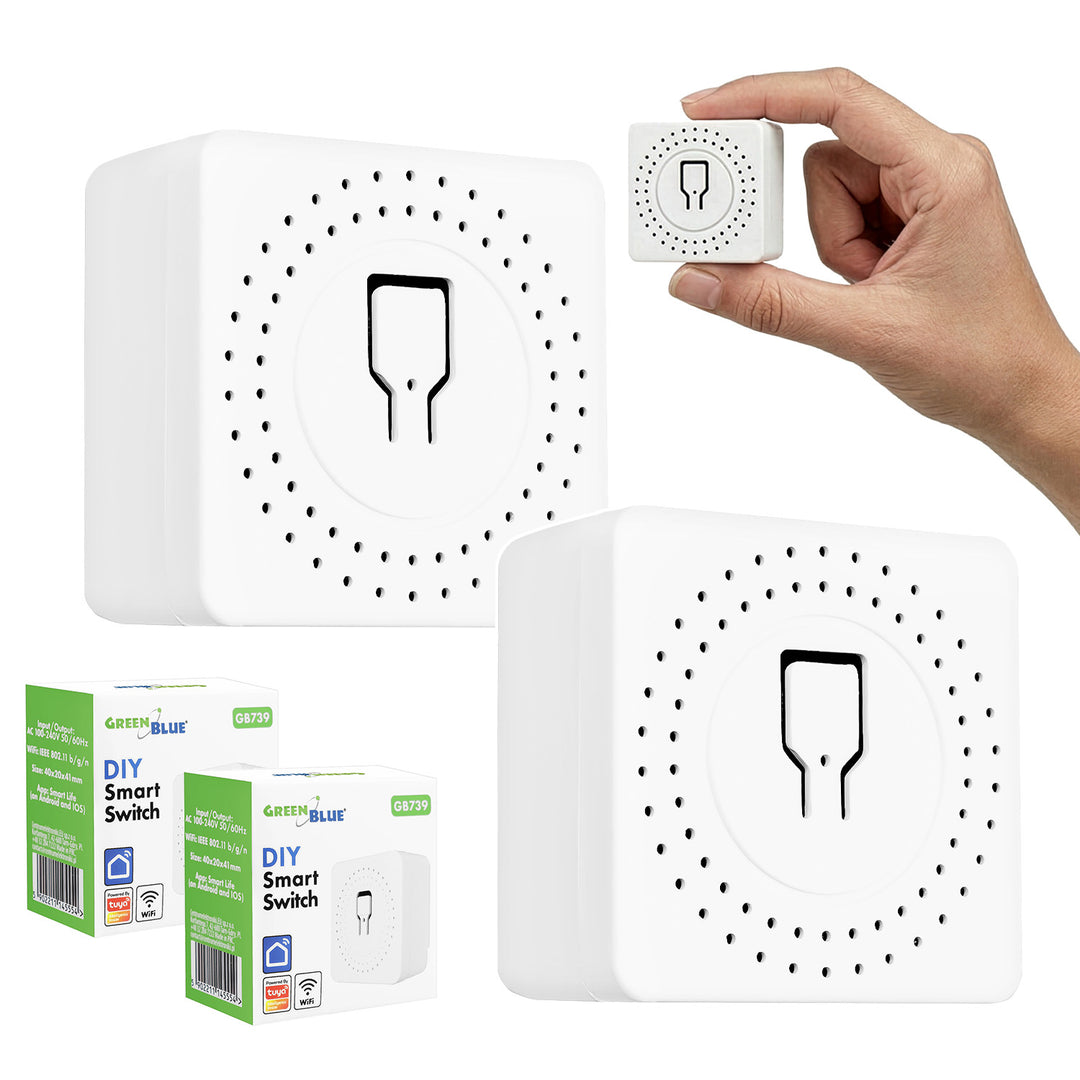 GreenBlue beépíthető WiFi-relé, Android/iOS/Alexa/Google Home, 100–240 V AC, 50/60 Hz, max. 16 A, 150 W-os LED-ekhez, GB739, 2 darab