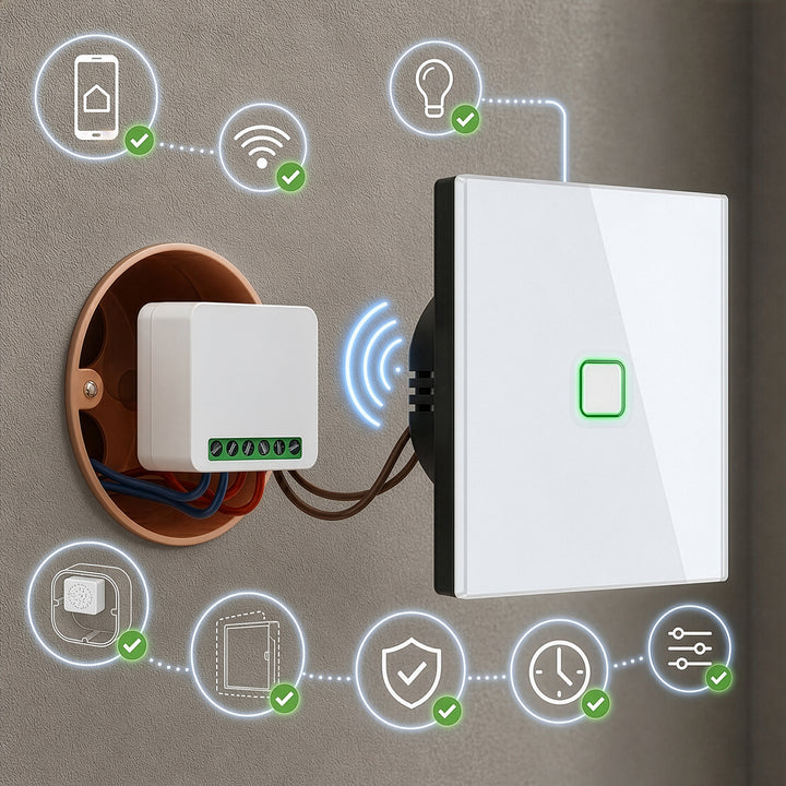 GreenBlue beépíthető WiFi-relé, Android/iOS/Alexa/Google Home, 100–240 V AC, 50/60 Hz, max. 16 A, 150 W-os LED-ekhez, GB739, 4 darab