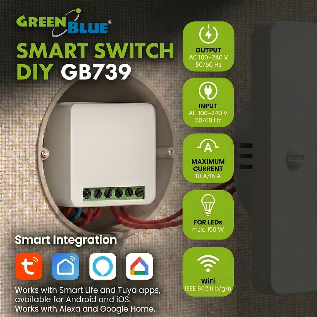 GreenBlue beépíthető WiFi-relé, Android/iOS/Alexa/Google Home, 100–240 V AC, 50/60 Hz, max. 16 A, 150 W-os LED-ekhez, GB739, 4 darab