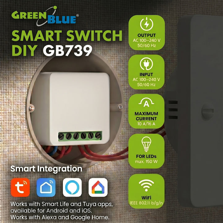 GreenBlue beépíthető WiFi-relé, Android/iOS/Alexa/Google Home, 100–240 V AC, 50/60 Hz, max. 16 A, 150 W-os LED-ekhez, GB739, 4 darab