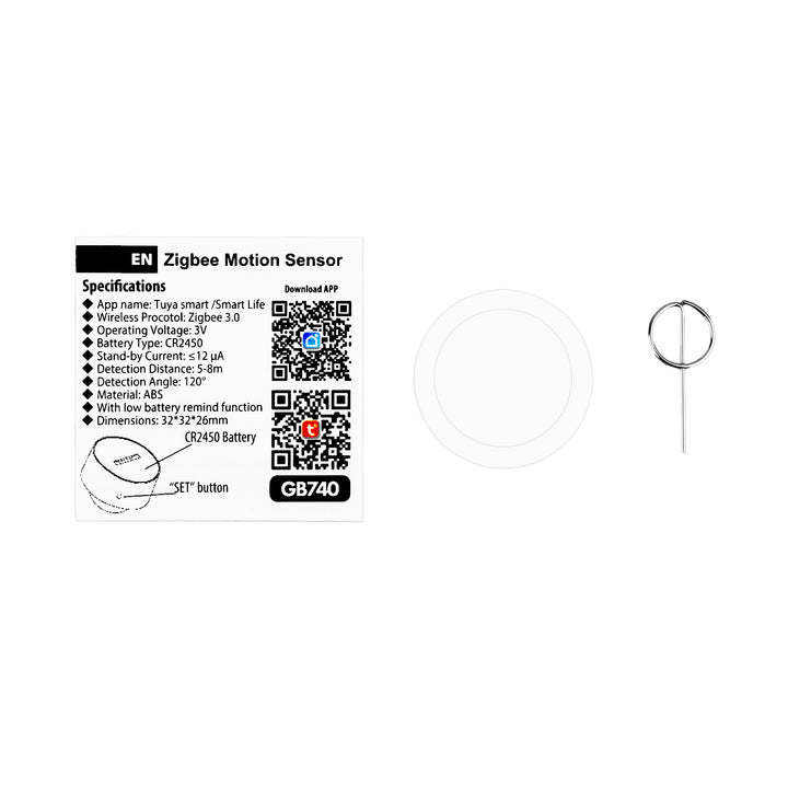 Tuya GreenBlue vezeték nélküli Zigbee mozgásérzékelő, Android/iOS, CR2450 DC 3,0 V, érzékelési szög 120° / akár 8 m, GB740, 2 darab