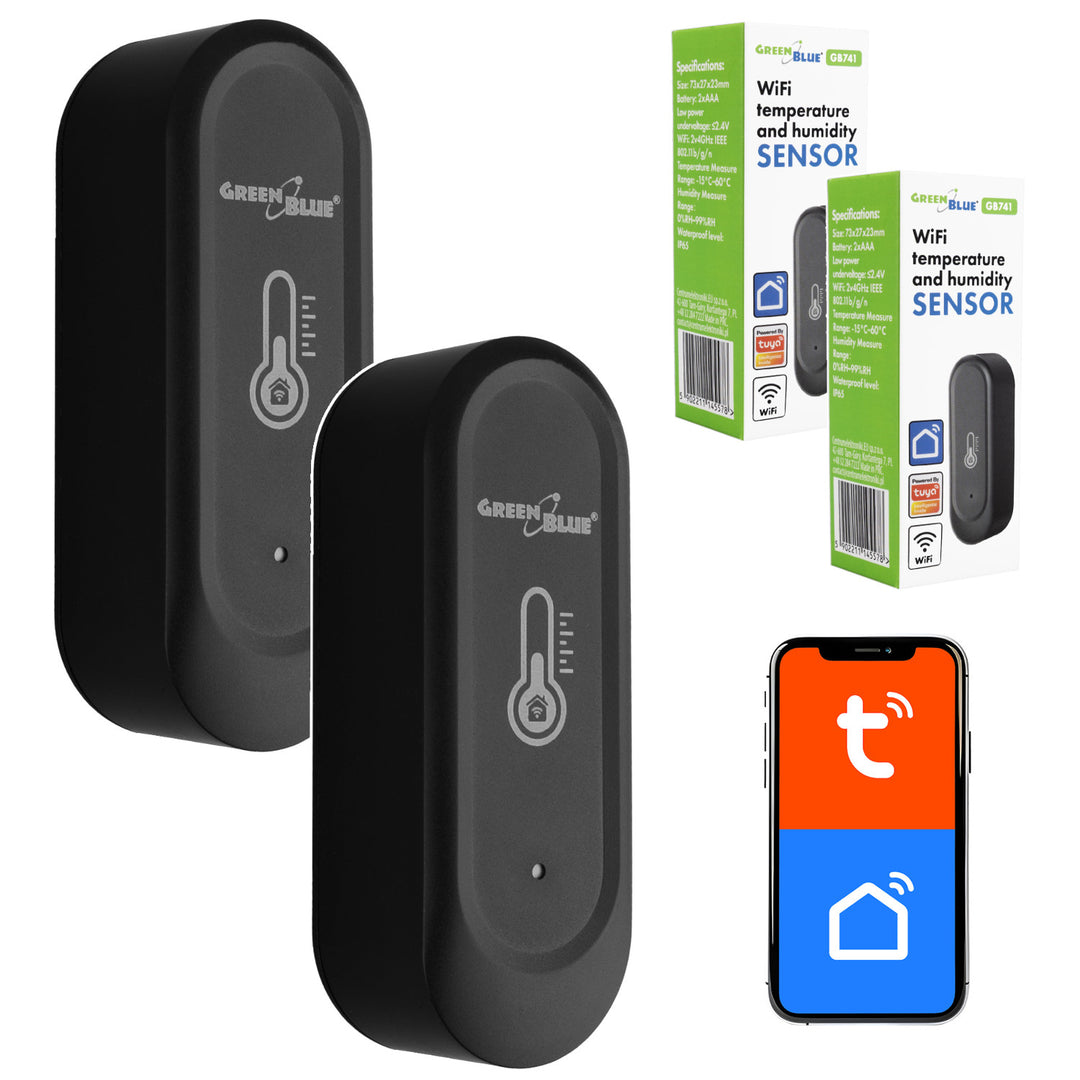 GreenBlue külső WiFi hőmérséklet- és páratartalom-érzékelő, Android/iOS, 3,0 V DC, LR03x2, IP65, GB741, 2 darab