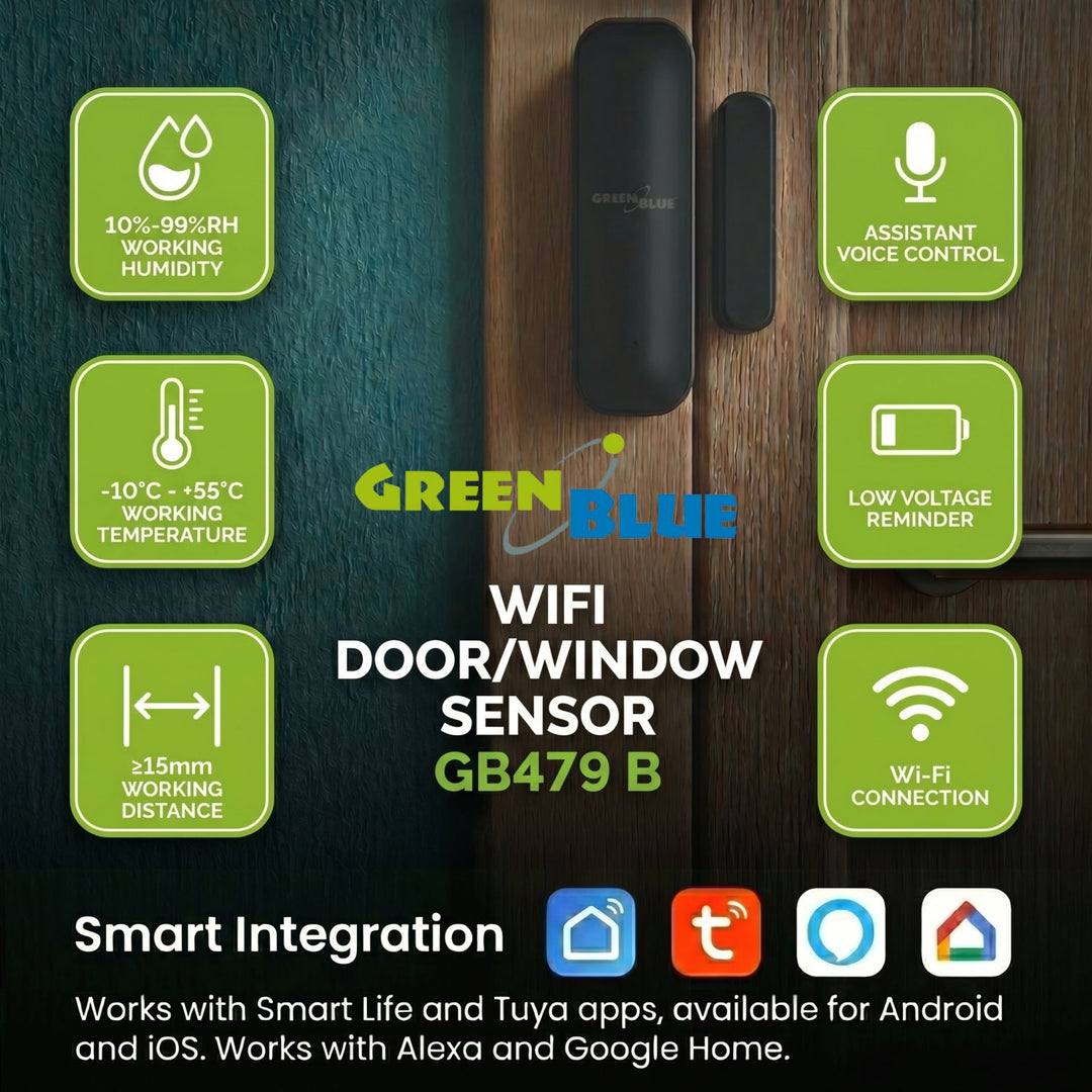 GreenBlue vezeték nélküli kontaktus / WiFi nyitásérzékelő, Android/iOS, ajtókhoz / ablakokhoz, 3,0 V DC, LR03x2, GB479 B, 2 készlet
