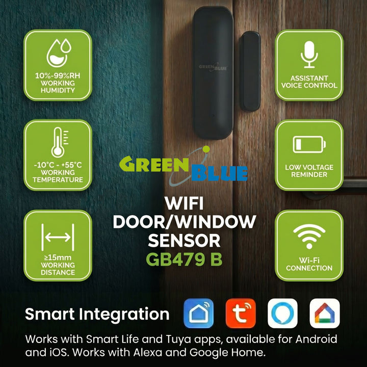 GreenBlue vezeték nélküli kontaktus / WiFi nyitásérzékelő, Android/iOS, ajtókhoz / ablakokhoz, 3,0 V DC, LR03x2, GB479 B, 2 készlet