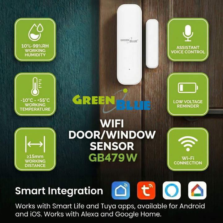 GreenBlue vezeték nélküli kontaktor / WiFi nyitásérzékelő, Android/iOS, ajtókhoz / ablakokhoz, 3,0 V DC, LR03x2, GB479 W, 2 készlet