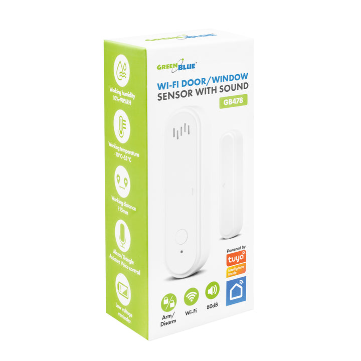 GreenBlue vezeték nélküli kontaktor / WiFi nyitásérzékelő, Android/iOS, ajtókhoz / ablakokhoz, 3,0 V DC, LR03x2, riasztóval, GB478, 2 készlet