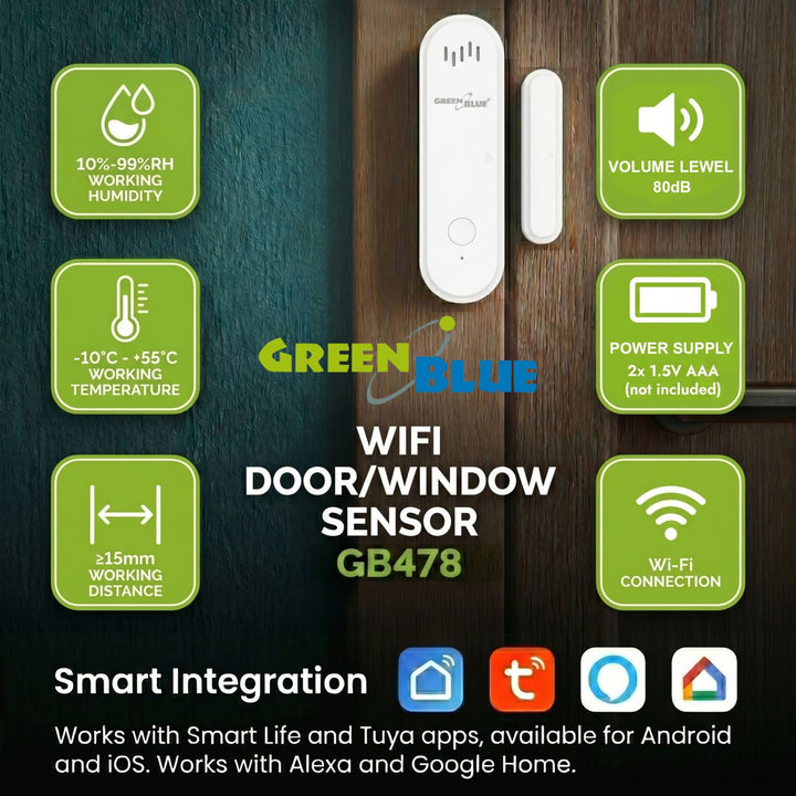 GreenBlue vezeték nélküli kontaktor / WiFi nyitásérzékelő, Android/iOS, ajtókhoz / ablakokhoz, 3,0 V DC, LR03x2, riasztóval, GB478, 2 készlet
