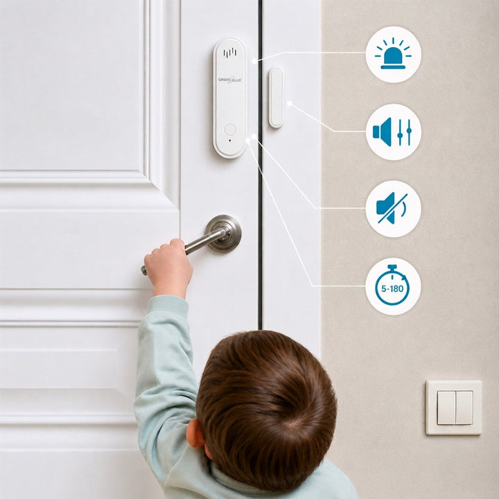 GreenBlue vezeték nélküli kontaktor / WiFi nyitásérzékelő, Android/iOS, ajtókhoz / ablakokhoz, 3,0 V DC, LR03x2, riasztóval, GB478, 2 készlet