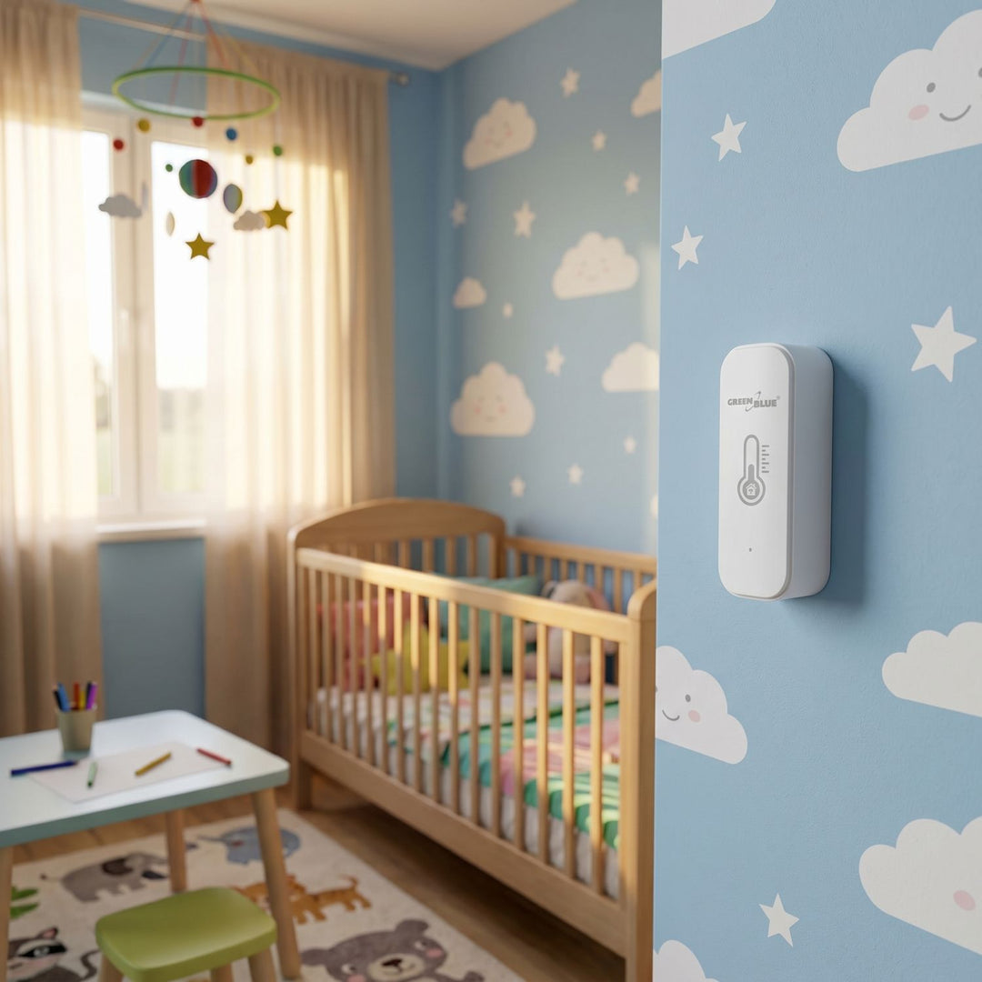 GreenBlue WiFi hőmérséklet- és páratartalom-érzékelő, Android/iOS/Alexa/Google Home, 3,0 V DC, LR03x2, GB737 + 2 db R-03 LR03 AAA alkáli elem (Varta Industrial 4003)