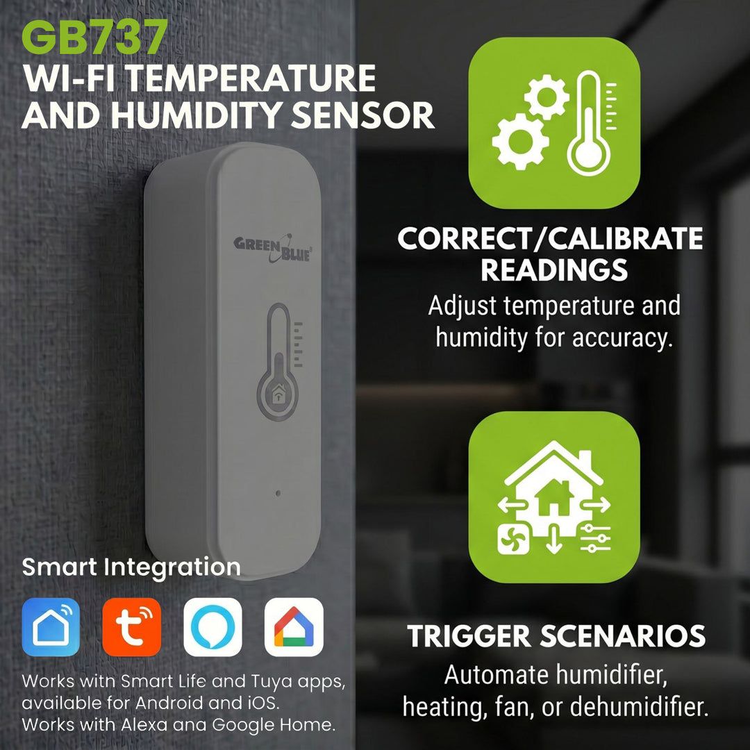 GreenBlue WiFi hőmérséklet- és páratartalom-érzékelő, Android/iOS/Alexa/Google Home, 3,0 V DC, LR03x2, GB737 + 2 db R-03 LR03 AAA alkáli elem (Varta Industrial 4003)