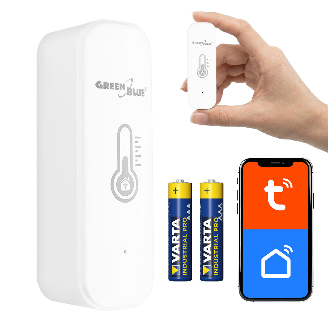 GreenBlue WiFi hőmérséklet- és páratartalom-érzékelő, Android/iOS/Alexa/Google Home, 3,0 V DC, LR03x2, GB737 + 2 db R-03 LR03 AAA alkáli elem (Varta Industrial 4003)