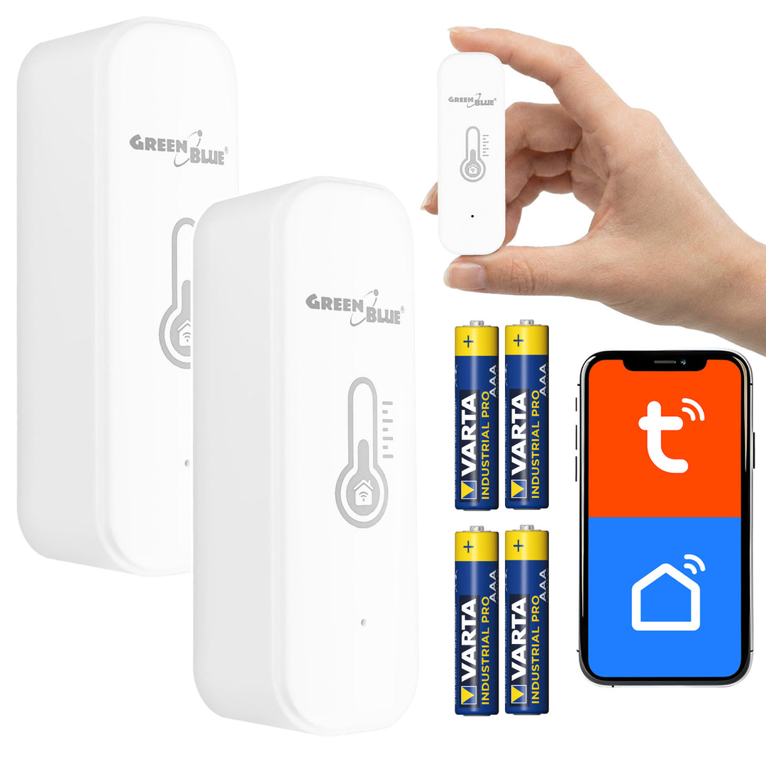 GreenBlue WiFi hőmérséklet- és páratartalom-érzékelő, Android/iOS/Alexa/Google Home, 3,0 V DC, LR03x2, GB737 2 db + 4 db Varta Industrial 4003 alkalikus AAA elem