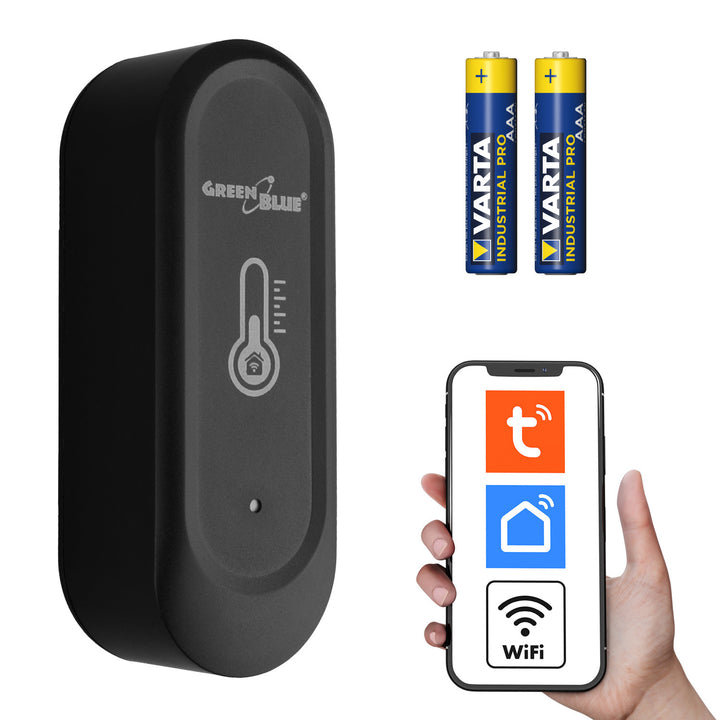 GreenBlue külső WiFi hőmérséklet- és páratartalom-érzékelő, Android/iOS, 3,0 V DC, LR03x2, IP65, GB741 + 2 db R-03 LR03 AAA alkáli elem (Varta Industrial 4003)