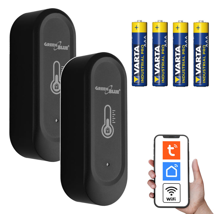 GreenBlue külső WiFi hőmérséklet- és páratartalom-érzékelő, Android/iOS, 3,0 V DC, LR03x2, IP65, GB741 2 db + 4 db Varta Industrial 4003 alkalikus AAA elem