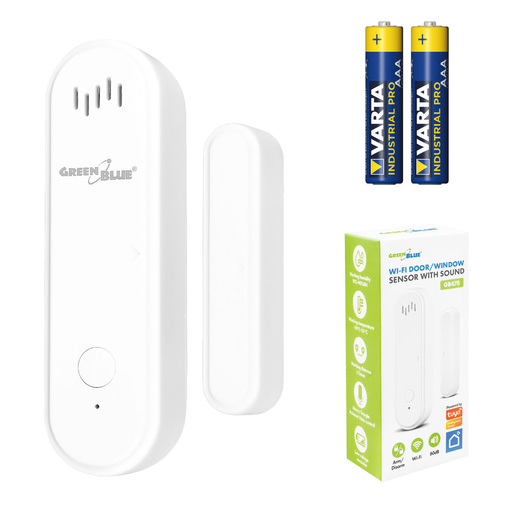 GreenBlue vezeték nélküli kontaktor / WiFi nyitásérzékelő, Android/iOS, ajtókhoz / ablakokhoz, 3,0 V DC, LR03x2, riasztóval, GB478 + 2 db R-03 LR03 AAA elem (Varta Industrial 4003)